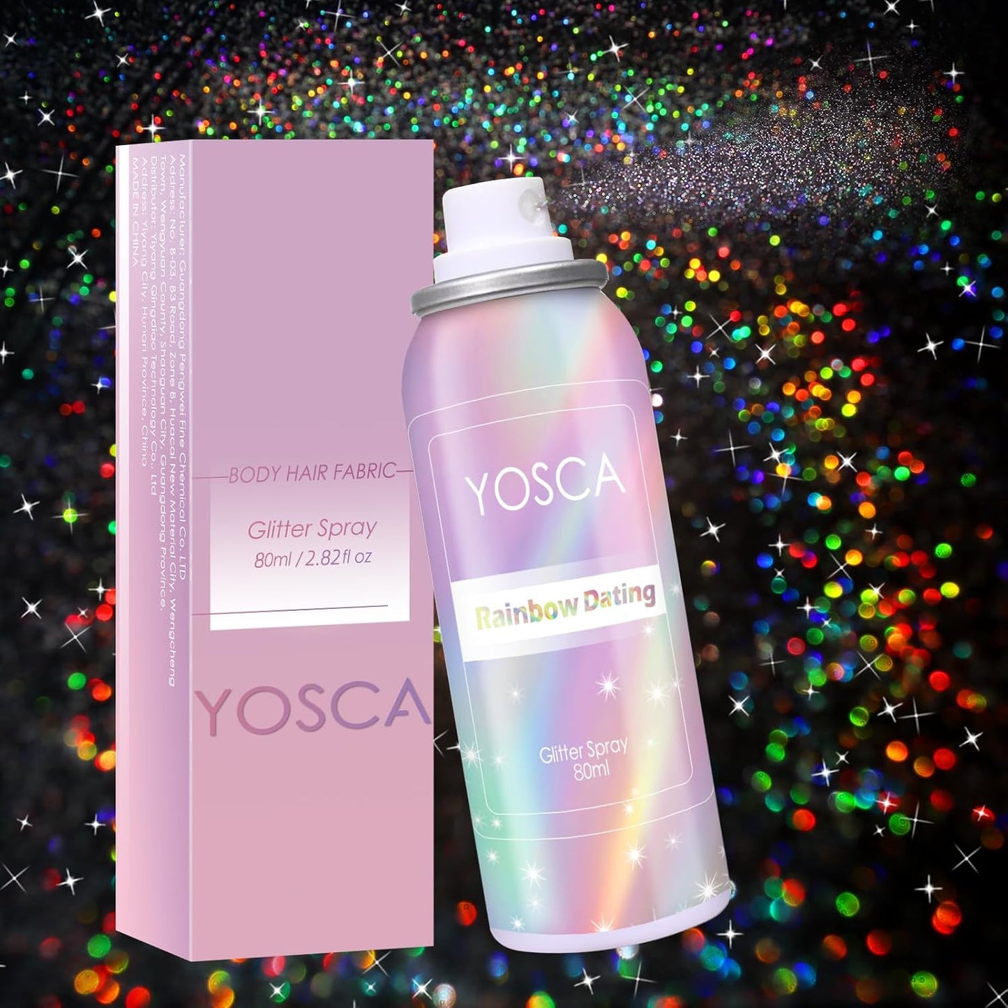 Yosca Body Glitter Spray front view showcasing the packaging and holographic silver theme