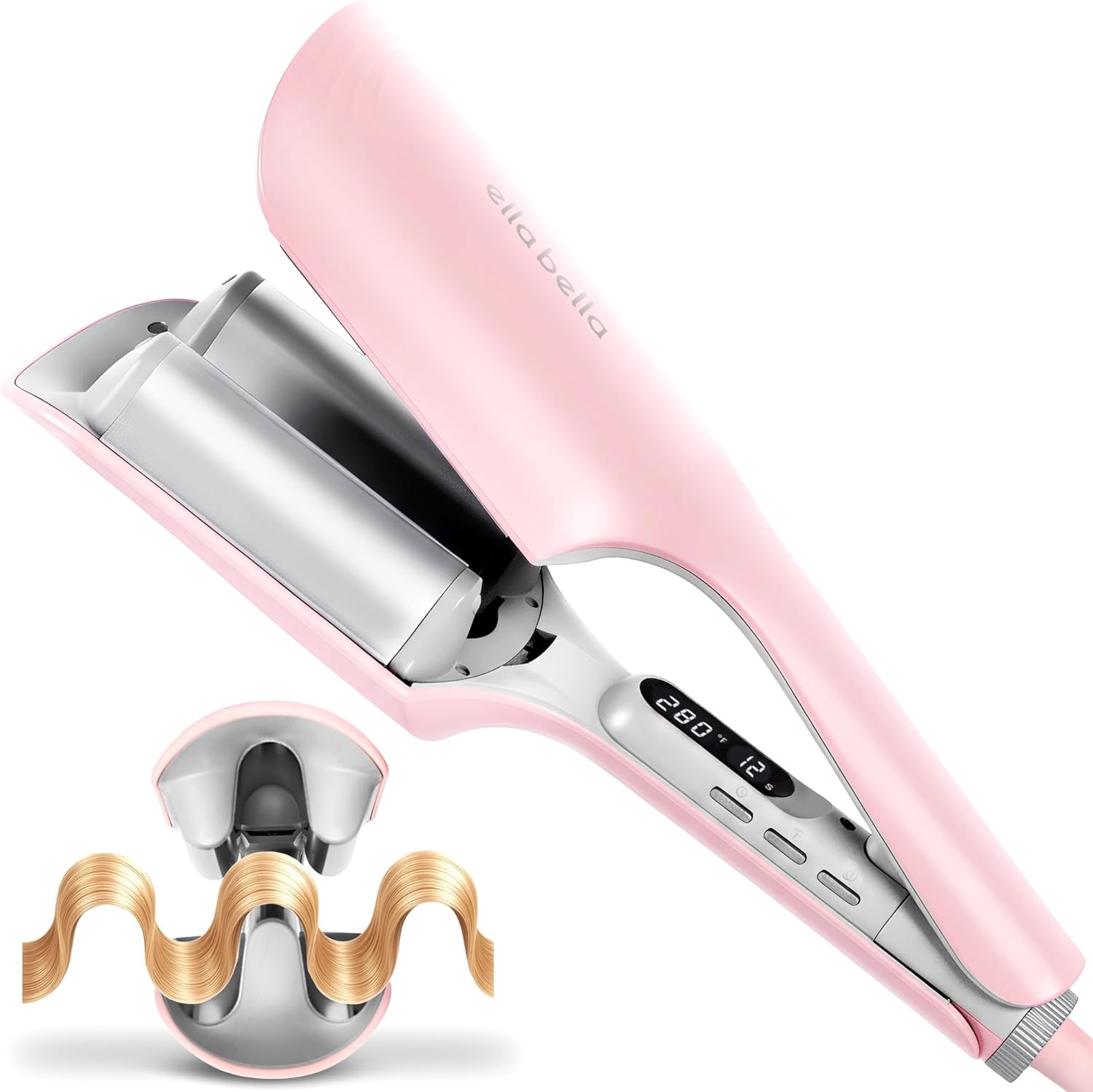 ELLA BELLA Ultimate Waver Curling Iron front view showing pink and grey barrels