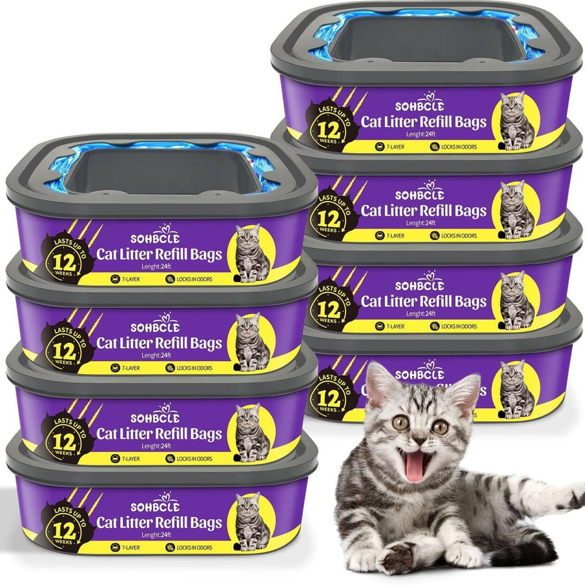 SOHBCLE cat litter refill bags eight pack front view for pet waste disposal.