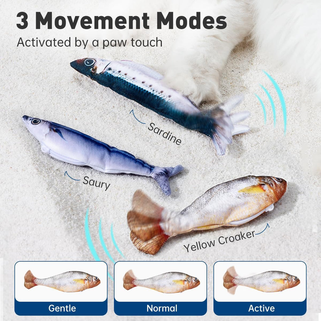 Three petgravity interactive fish toys in sardine saury and croaker styles