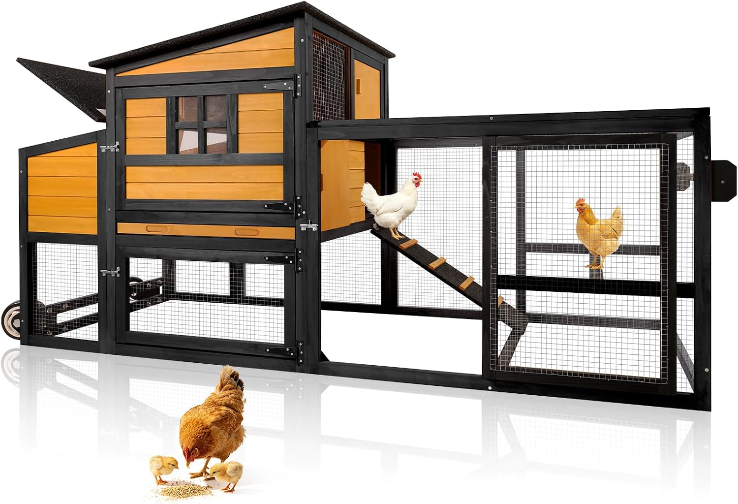 Portable Chicken Coop Poultry Cage with Wheels, Wooden Chicken Coop for 4-8 Chickens, Nesting Box, Pull-Out Tray, Ventilated Windows, Asphalt Weatherproof Roof, 83.3" L x 31.1" W x 41.6" H, Yellow - Image 1
