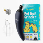 A pet parent gently filing a dog's claws using the ultra quiet LuckyTail low vibration grooming device.
