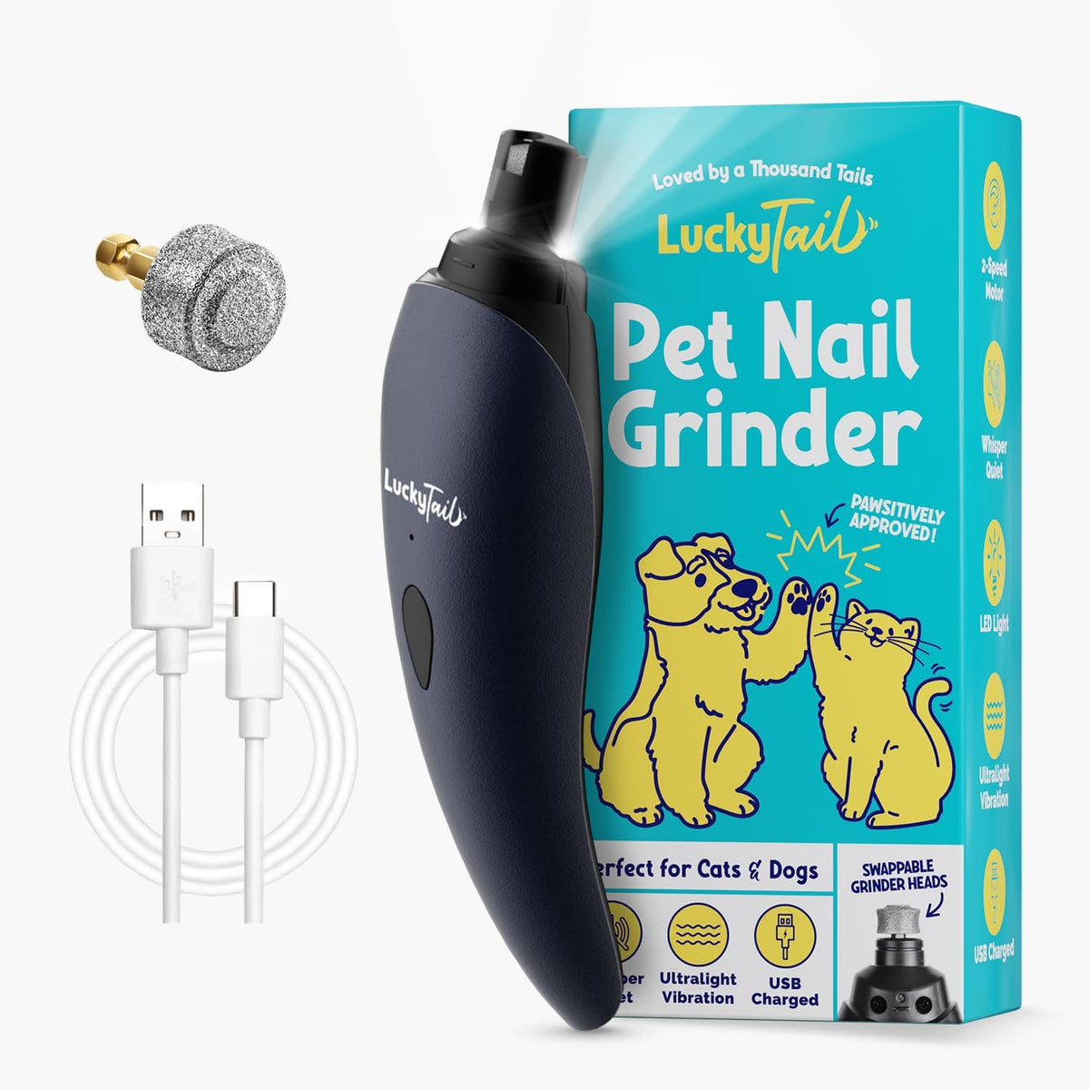 A pet parent gently filing a dog's claws using the ultra quiet LuckyTail low vibration grooming device.