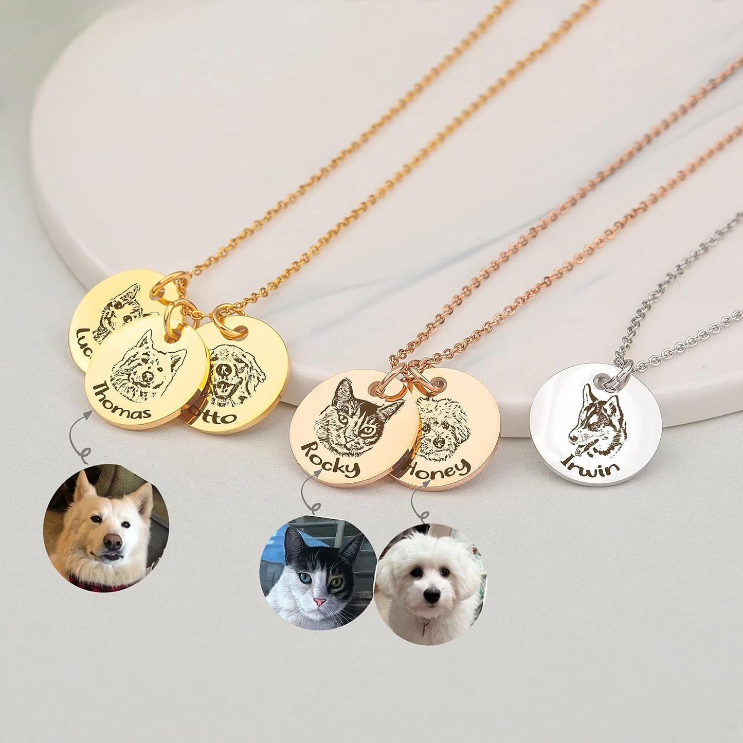 Close up of Anavia custom engraved pet photo necklace