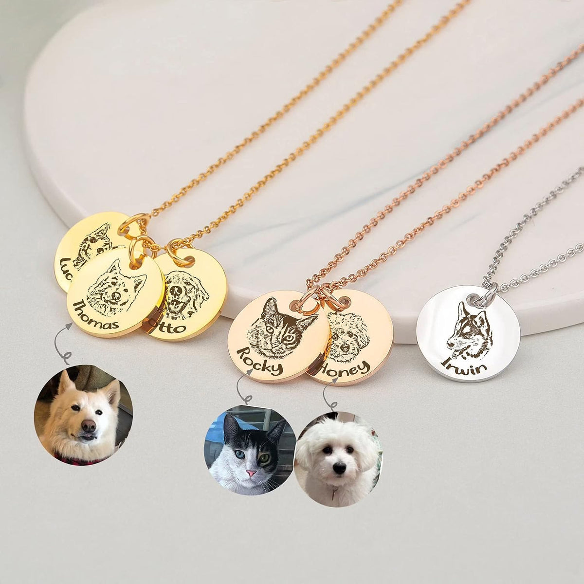 Anavia custom animal memorial jewelry close up of white K plated round pendant with cat portrait