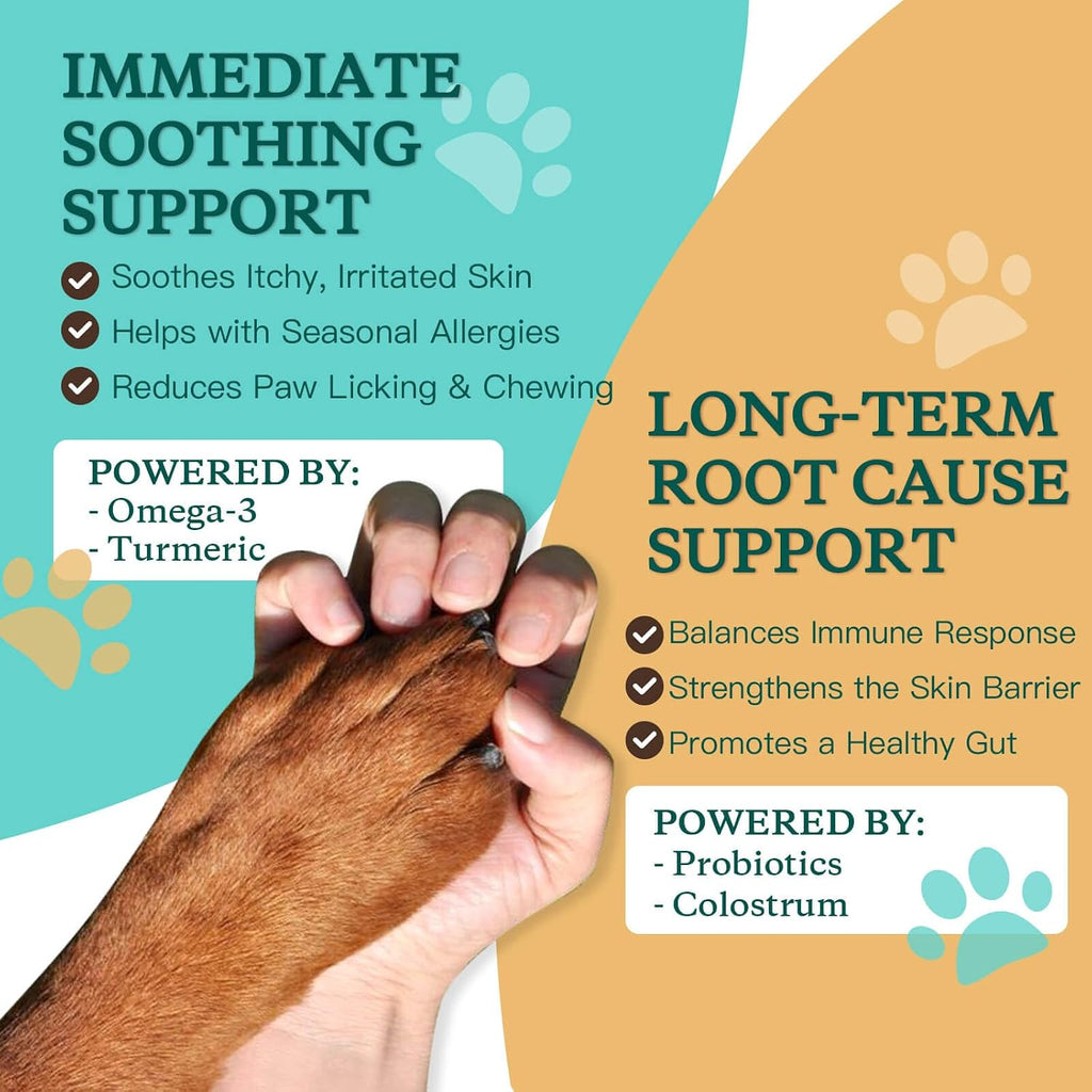 Healthy gut and immune support chewable bites for dogs experiencing hot spots.