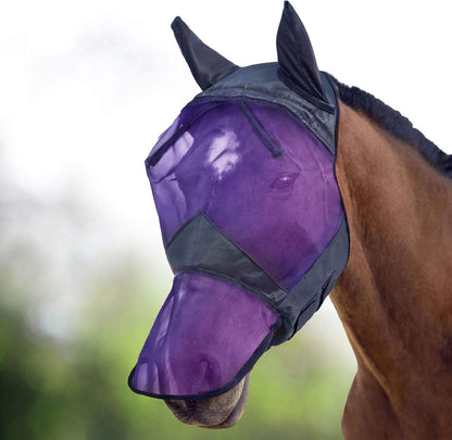 Horse wearing black Harrison Howard CareMaster mask in field