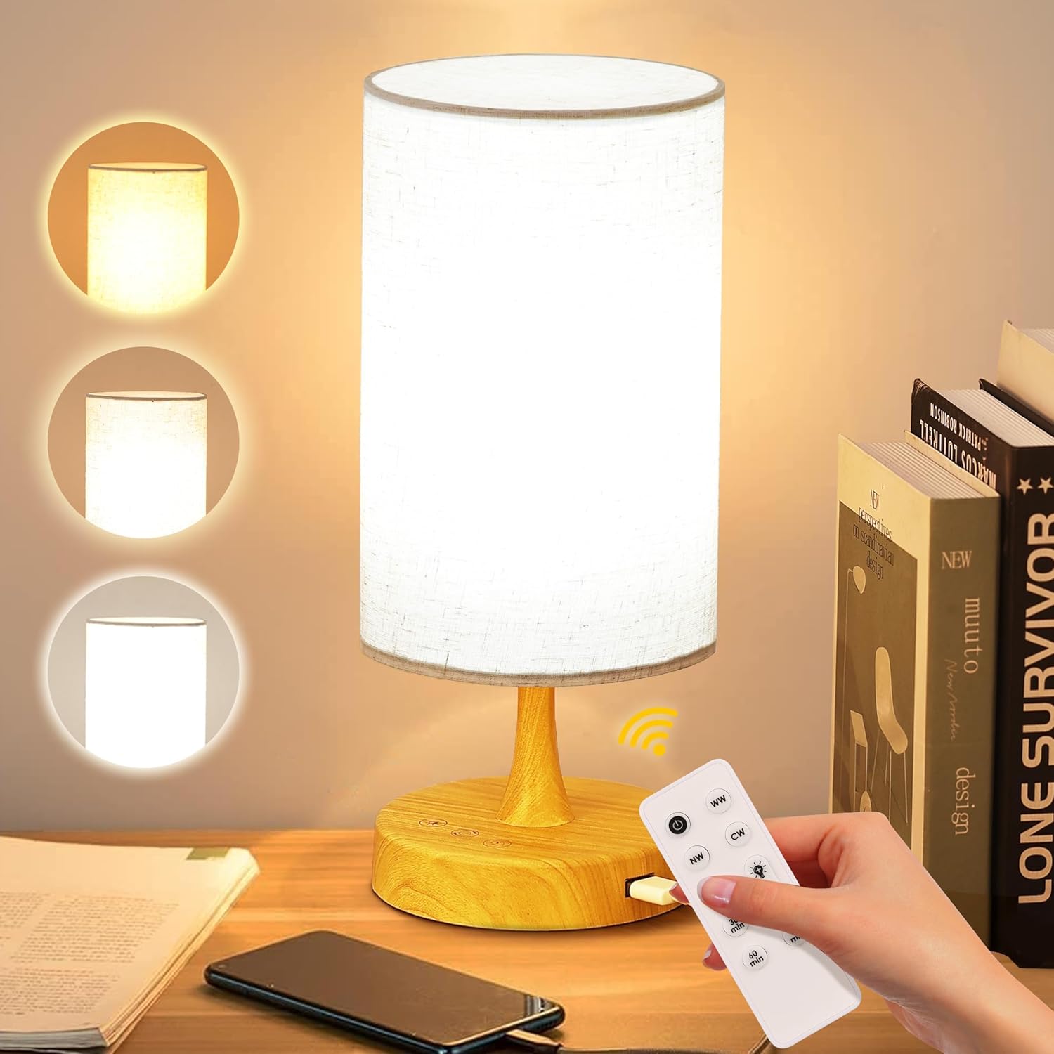 Caromolly Light Therapy Lamp front view on a modern wooden office desk showing the linen shade and wooden base