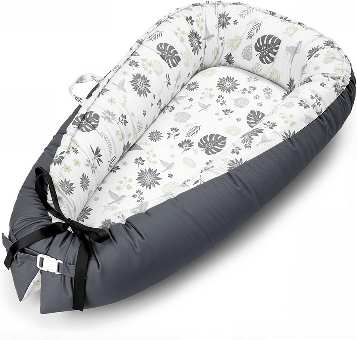 Hychyaya baby lounger front view showcasing dark grey outer cover and leaf print newborn nest