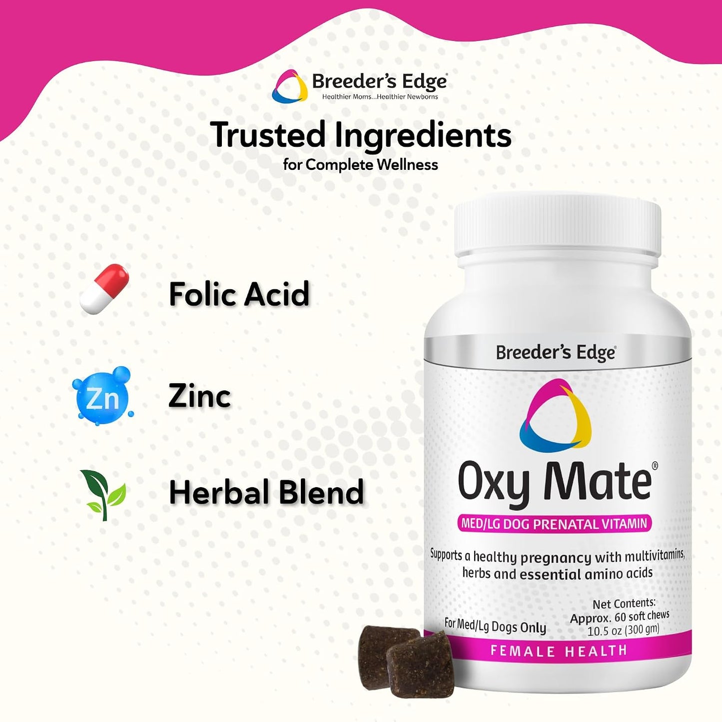 Breeders Edge prenatal vitamins for medium and large pregnant female dogs bottle back label