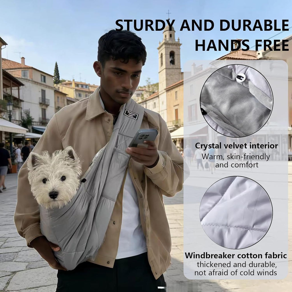 Owner carrying a small dog in a gray CYUmail pet sling