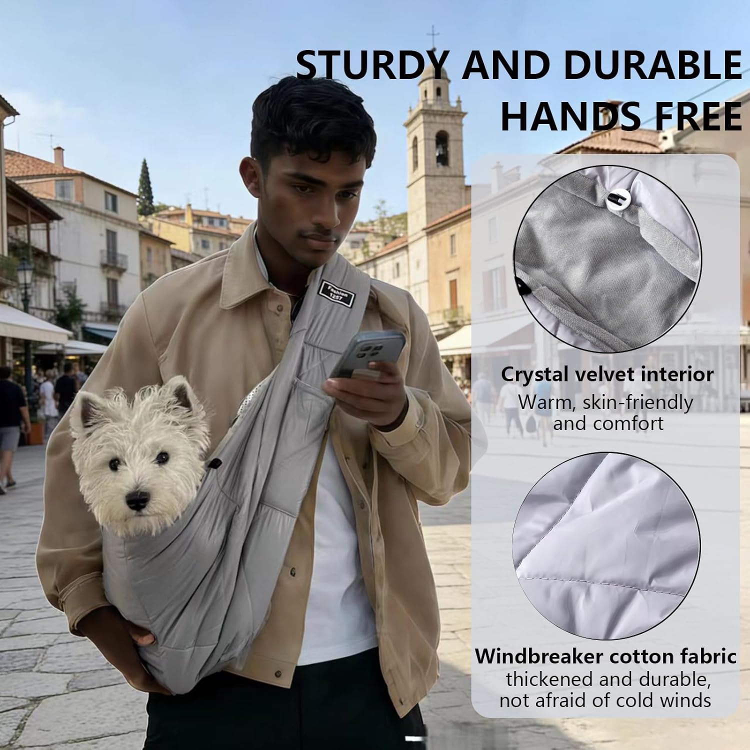 Owner carrying a small dog in a gray CYUmail pet sling