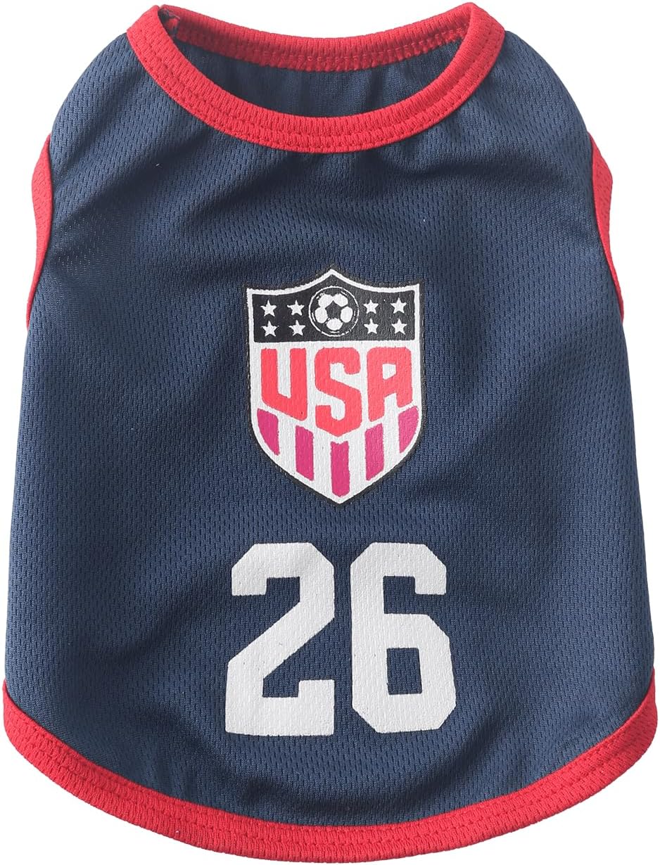 Small dog wearing USA soccer jersey athletic apparel