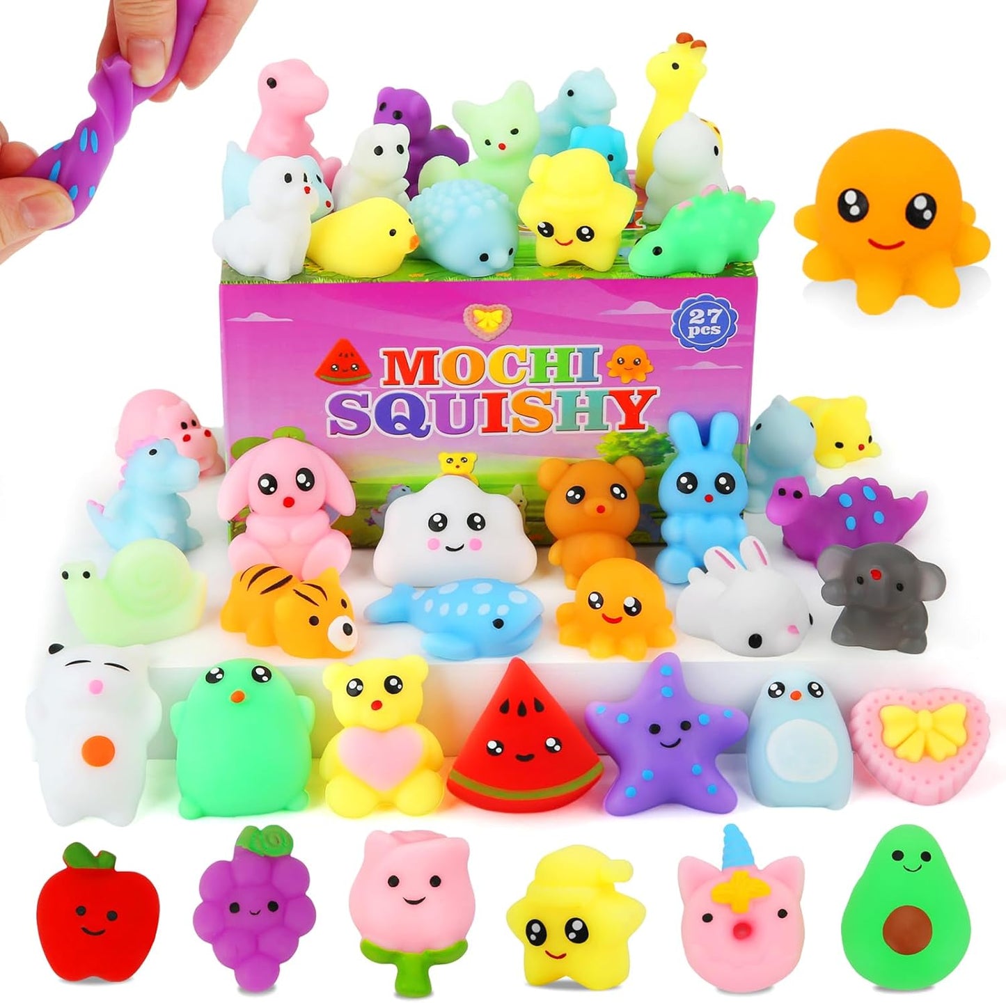 GWAHSA Mochi Squishy Toys front view showing the 27 piece multicolor assortment