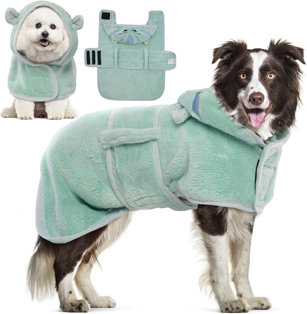 DENTRUN dog bathrobe front view showing green microfiber material and adjustable belly strap