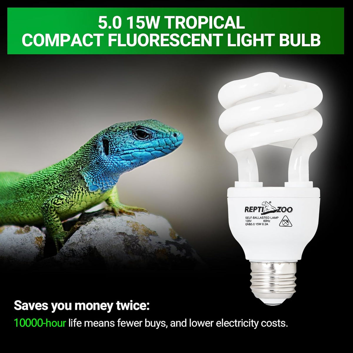 Close up view of the dual pack reptile basking lamp showing product specifications.