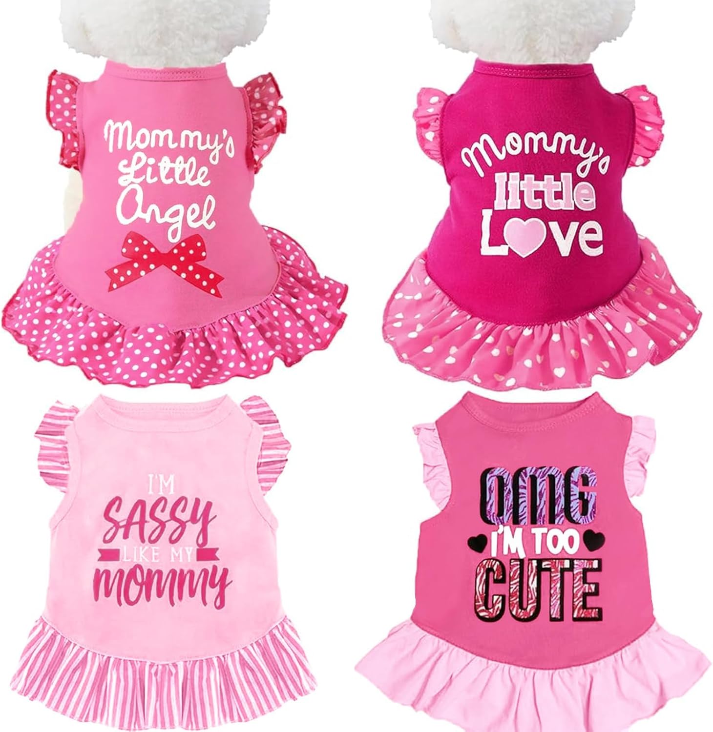 XPUDAC four pack dog dresses front view of pink angel pet apparel for small female puppies.