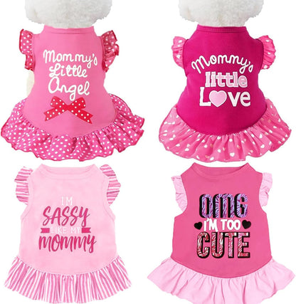 XPUDAC four pack dog dresses front view of pink angel pet apparel for small female puppies.