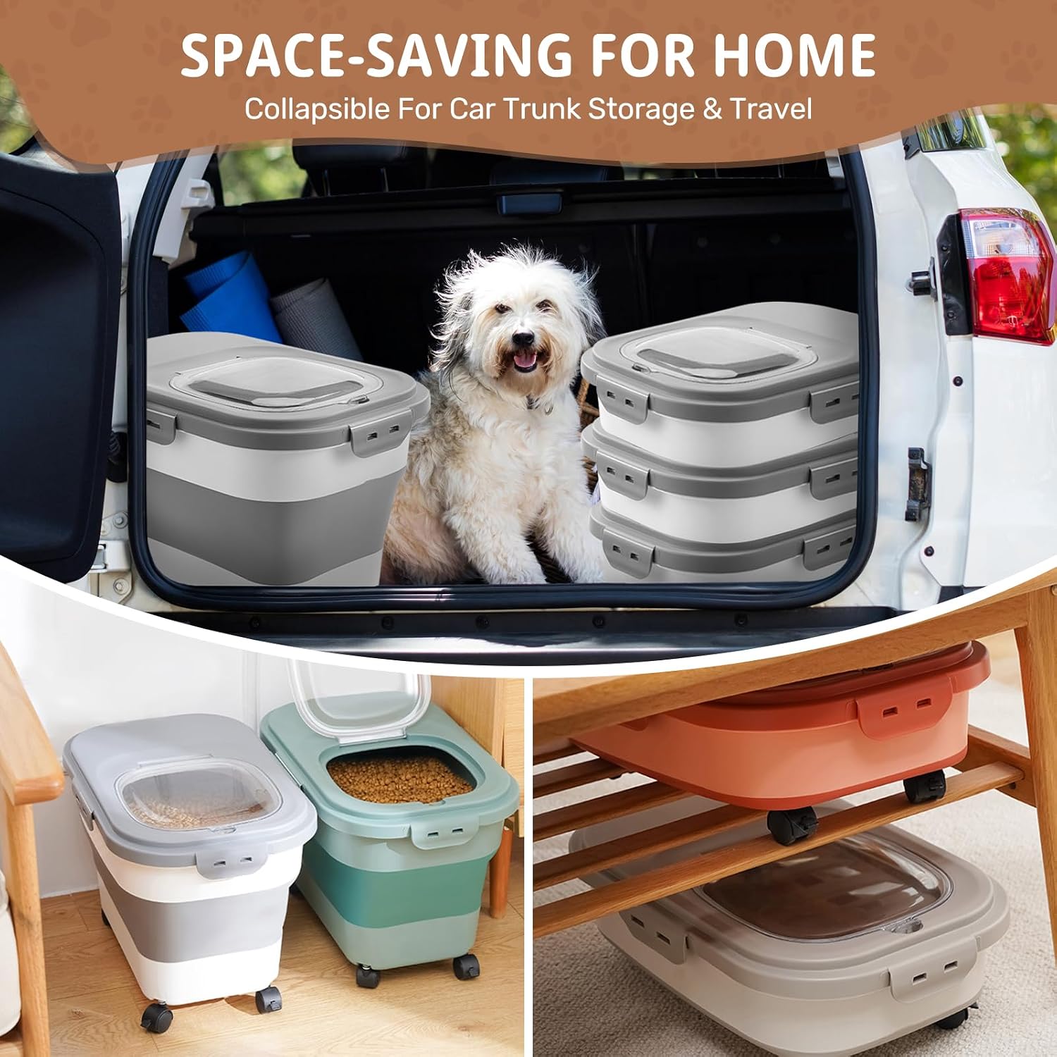Sewiu dog food storage with included travel bowl and scoop
