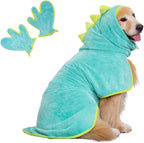 Pawyee blue dino dog bathrobe and drying gloves front view