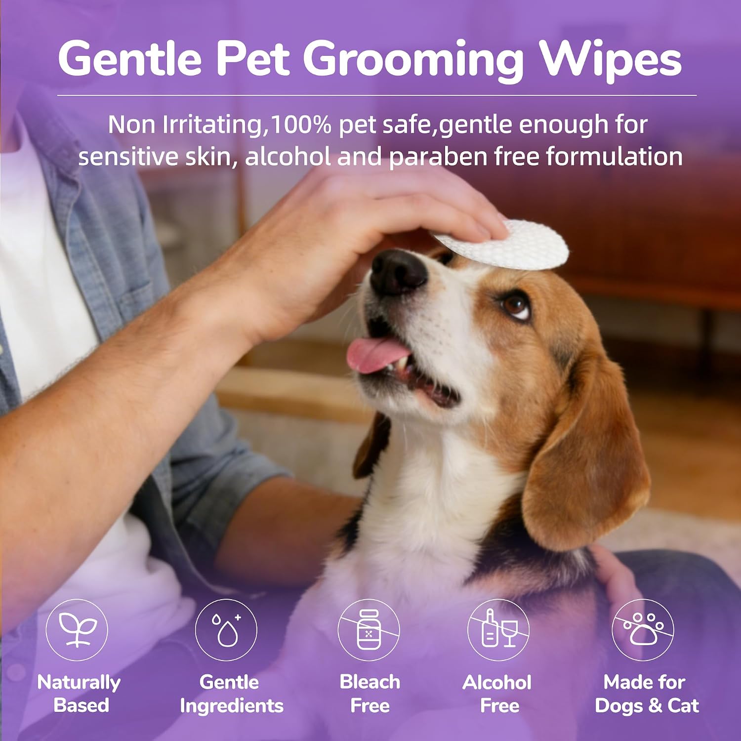 Hypoallergenic pet eye cleaning pads with aloe and chamomile extracts.