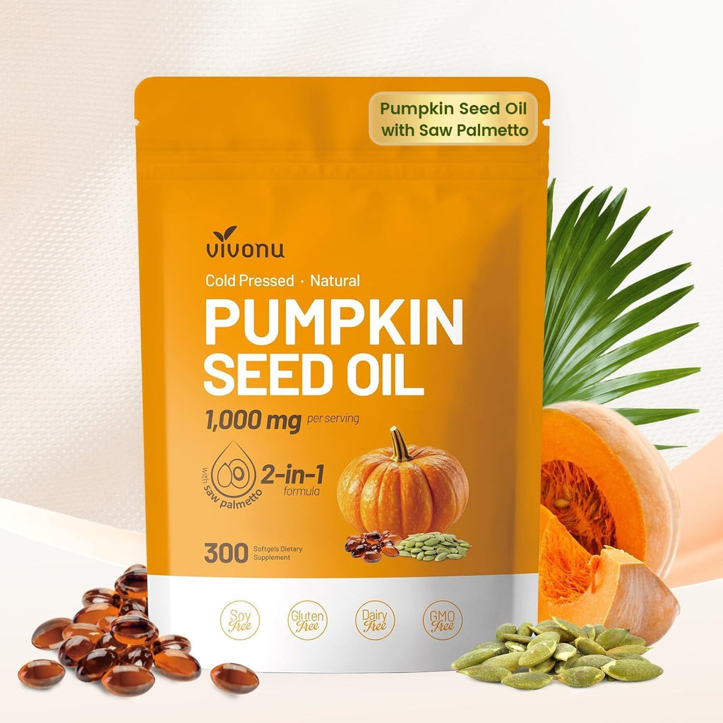 VivoNu pumpkin seed oil with saw palmetto softgels front view bottle