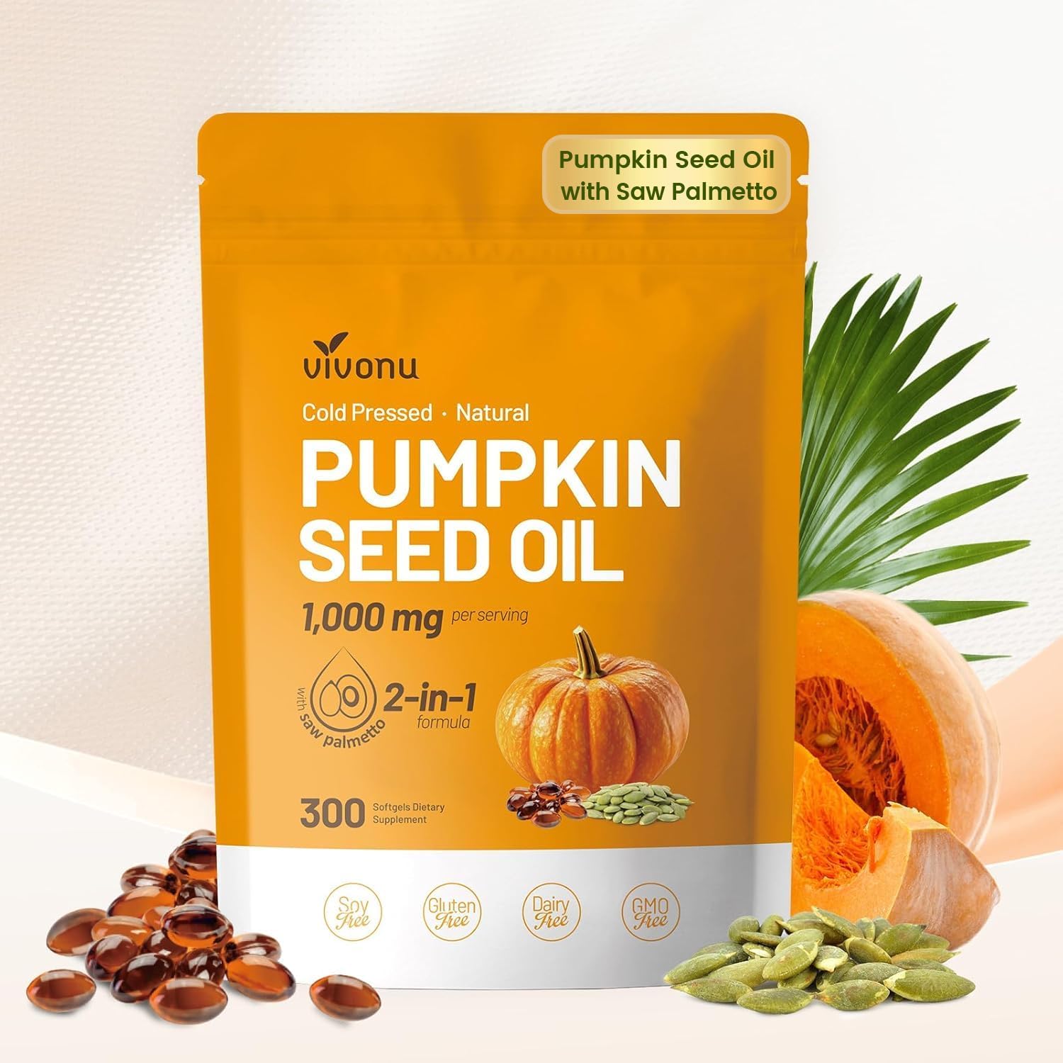 VivoNu Pumpkin Seed Oil with Saw Palmetto 300 softgels front view
