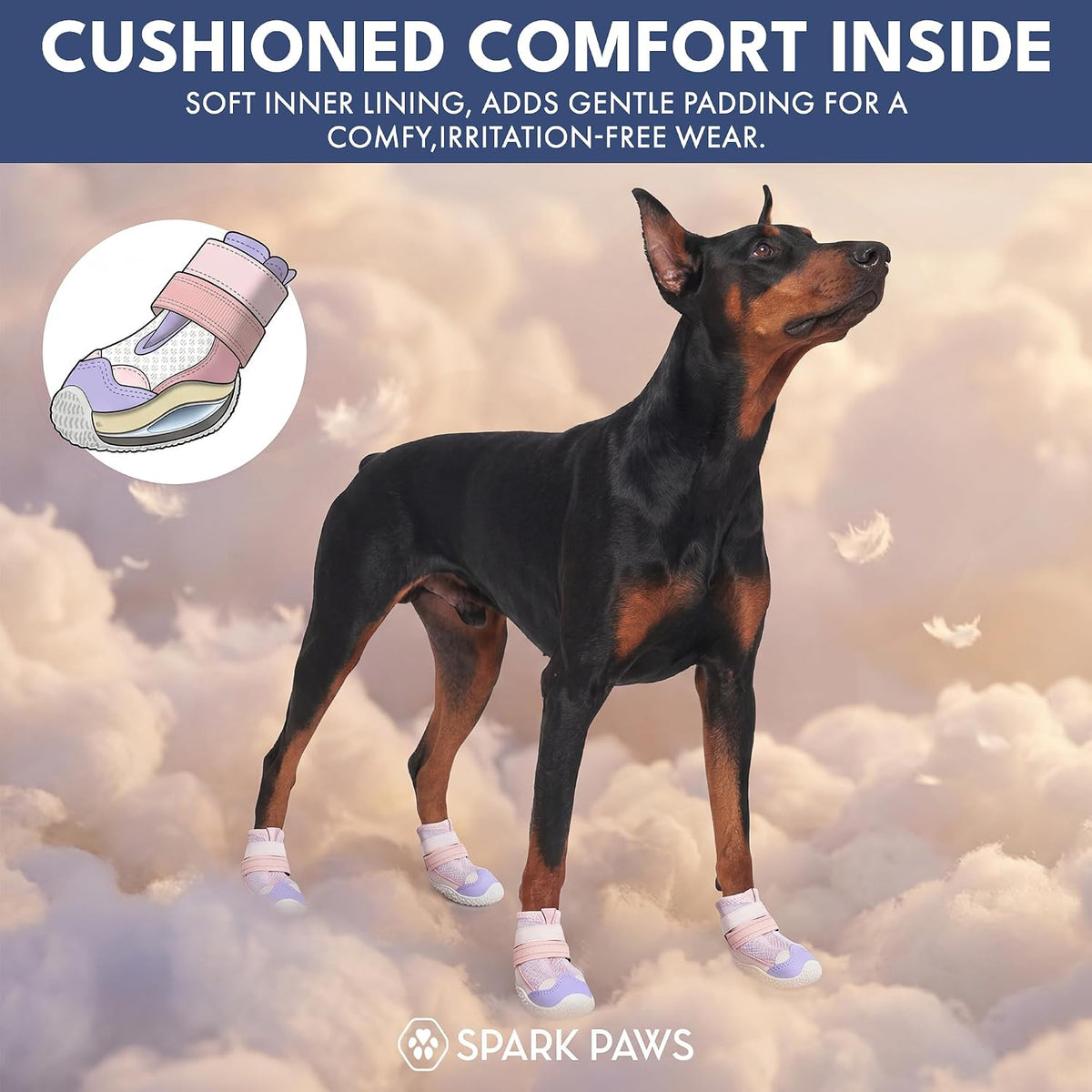Top view of Spark Paws pet footwear showing adjustable fitting mechanism.