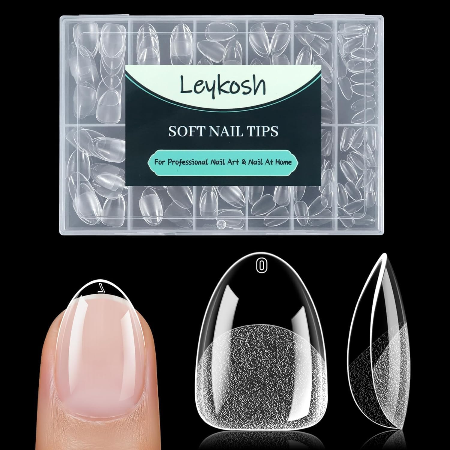 Leykosh extra short almond soft gel nail tips in storage case