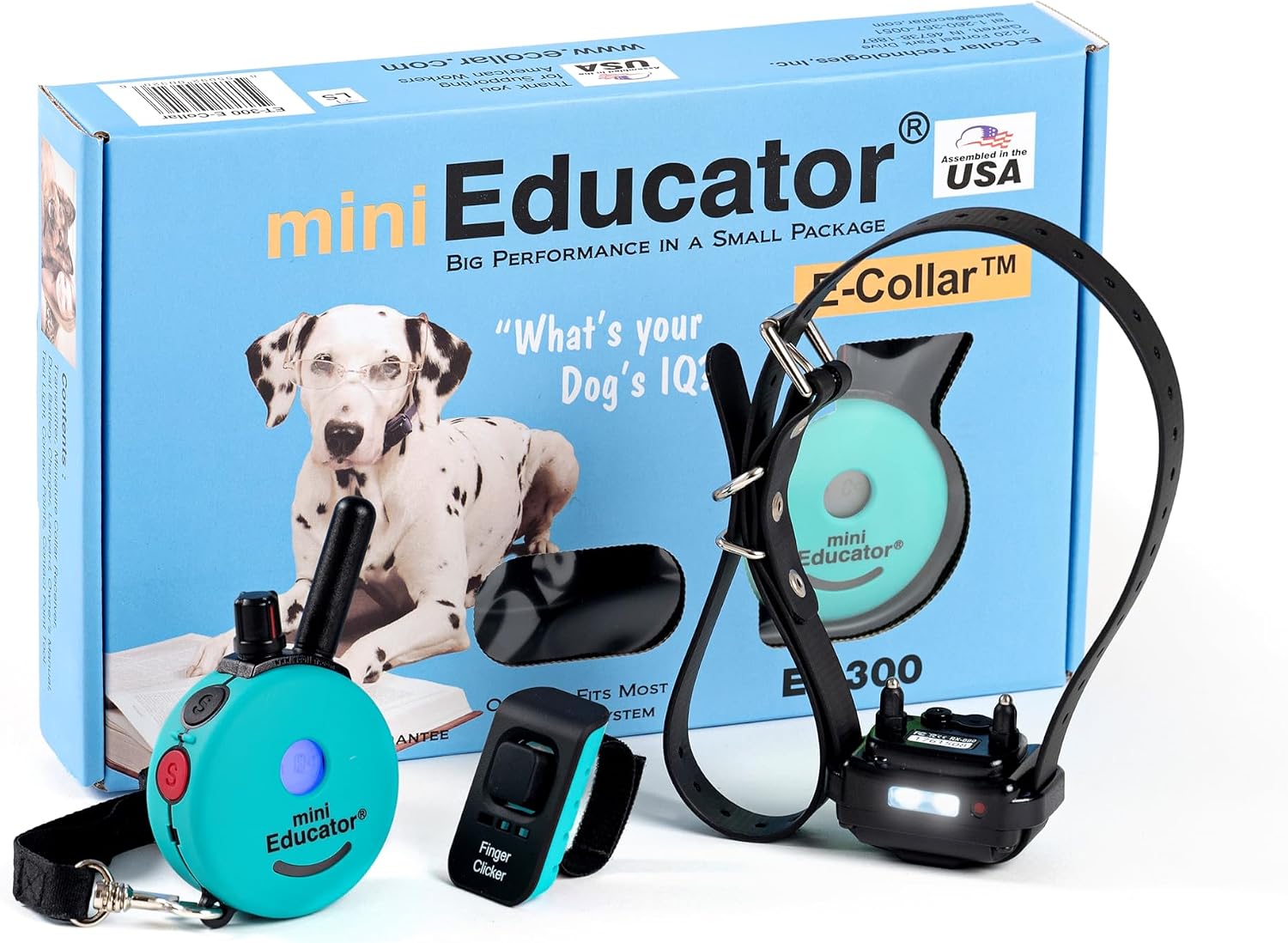 Mini Educator ET-300 remote dog training collar teal front view showing transmitter and receiver