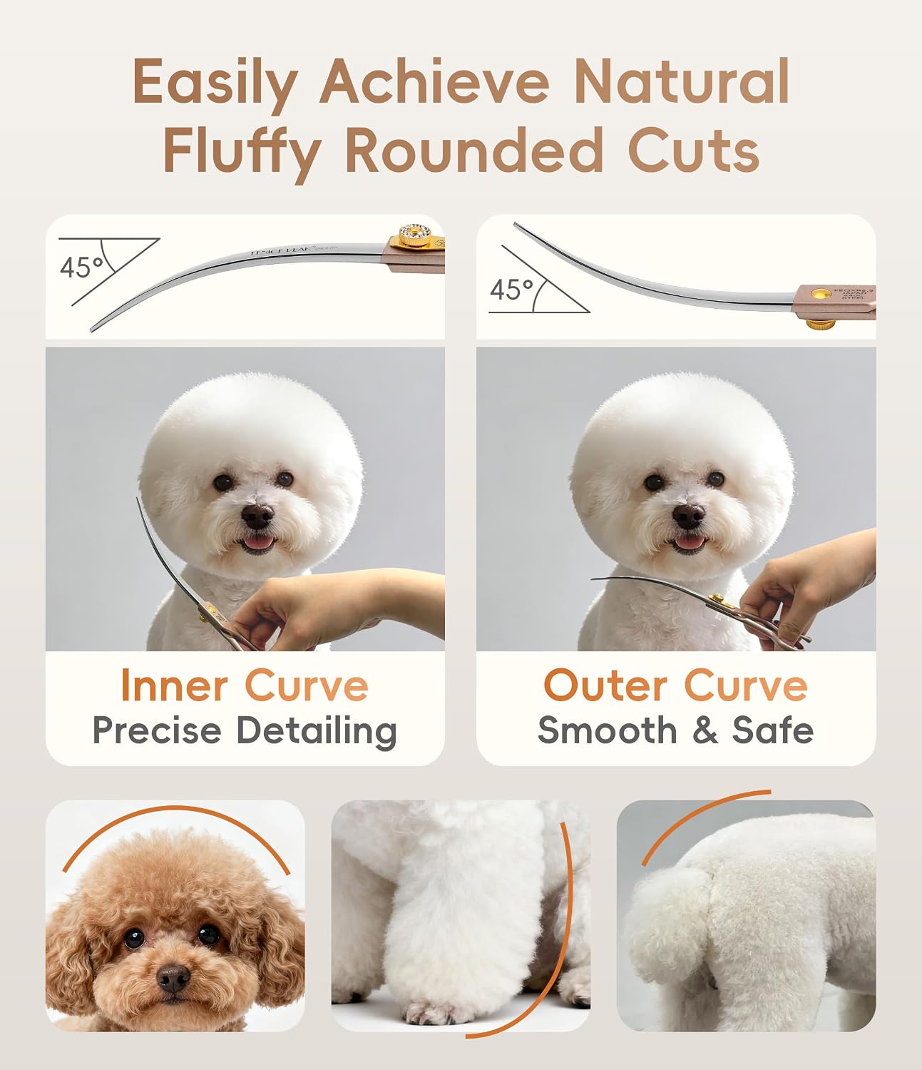 JASON extra curved pet scissors being used to shape a dog's head fur