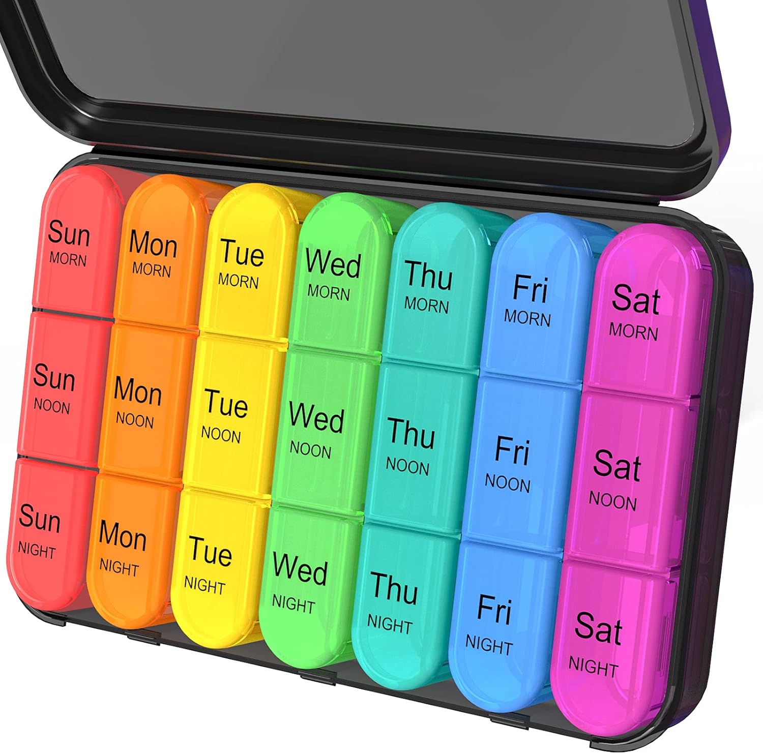 Daviky weekly pill organizer three times a day showing the full front view of the multicolor compartments.