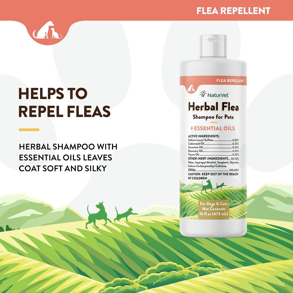 Deodorizing cat and dog flea shampoo bottle showing ingredient details