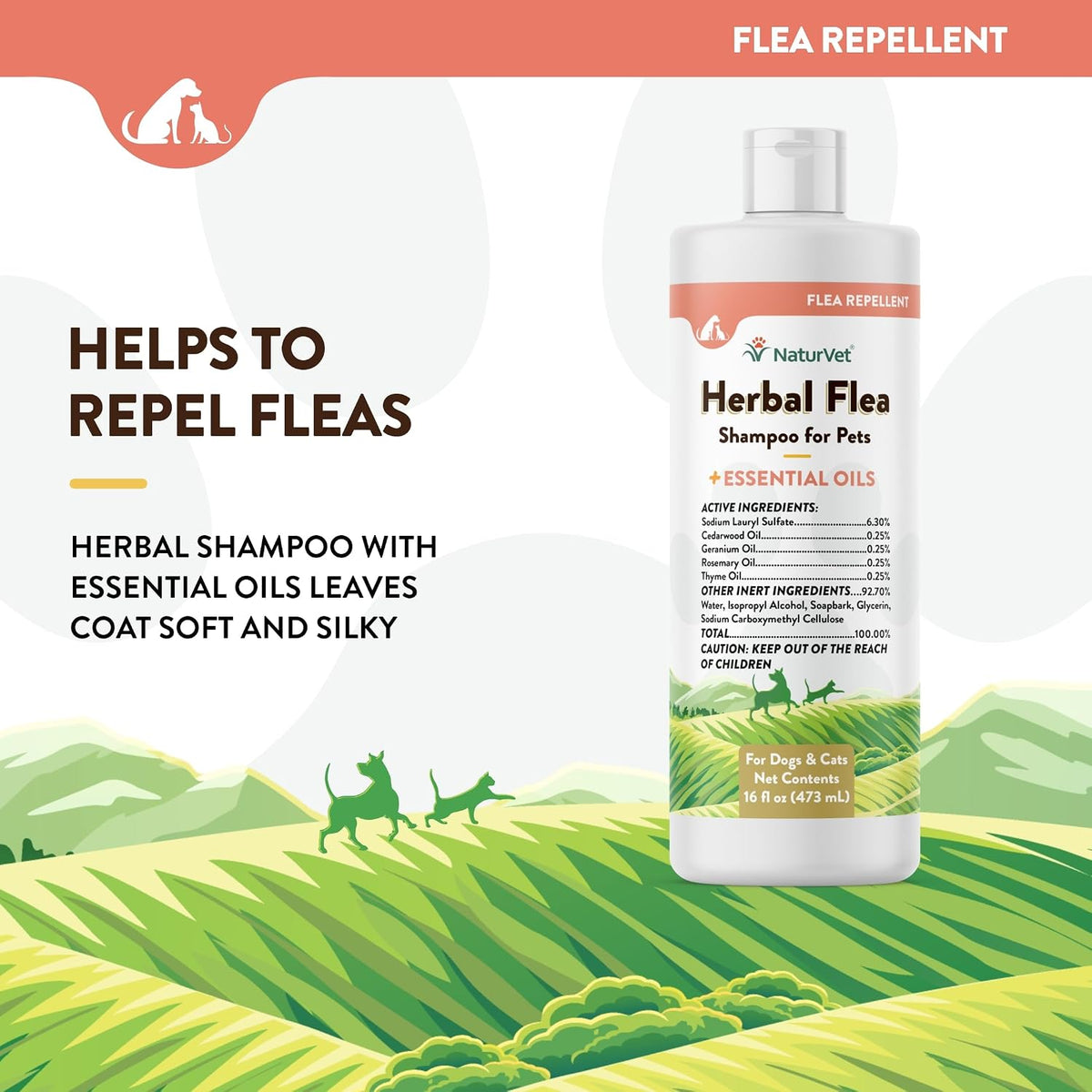 Deodorizing cat and dog flea shampoo bottle showing ingredient details