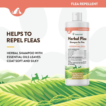Deodorizing cat and dog flea shampoo bottle showing ingredient details
