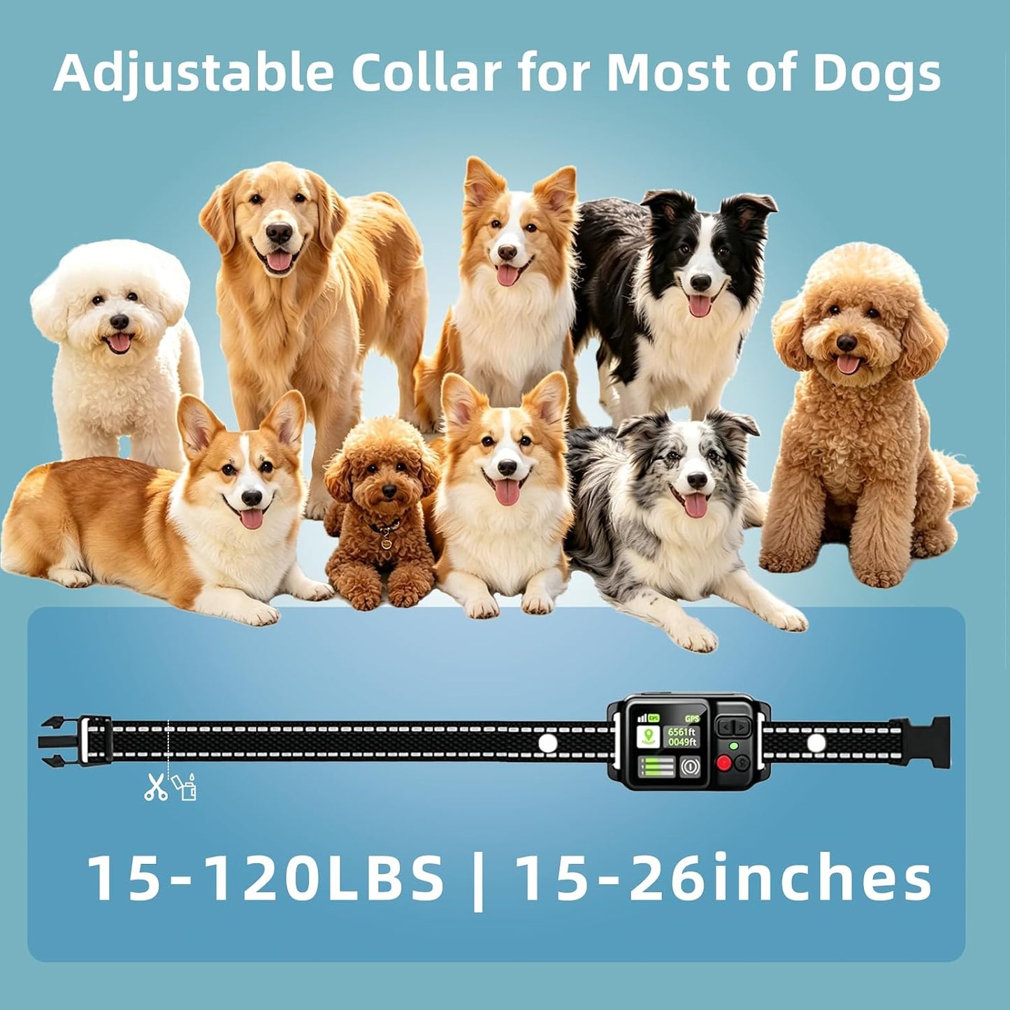 IPX7 waterproof rated dog fence tracking collar withstands water exposure during outdoor use.
