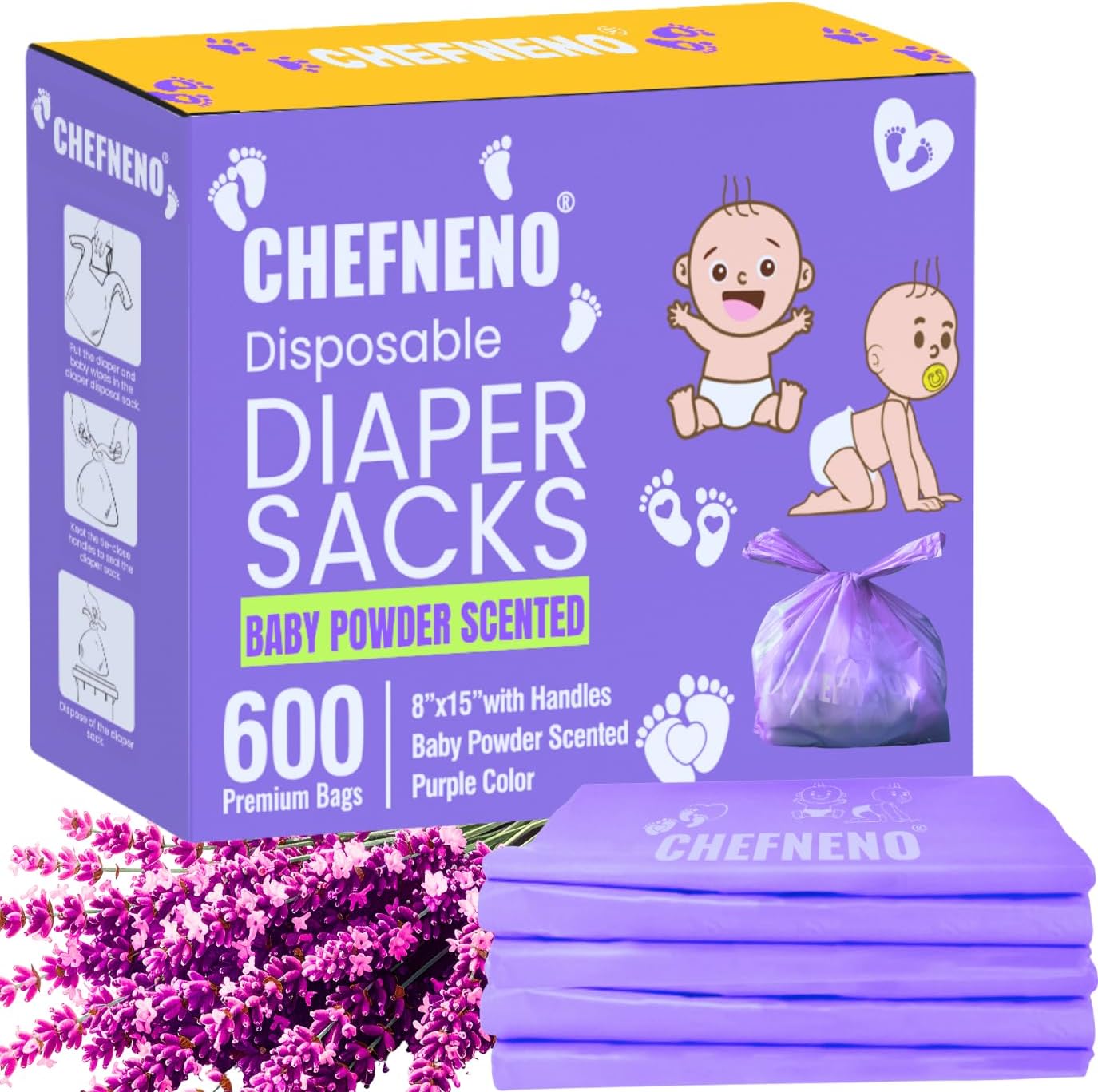 CHEFNENO Baby Disposable Diaper Sacks 600 count box packaging front view