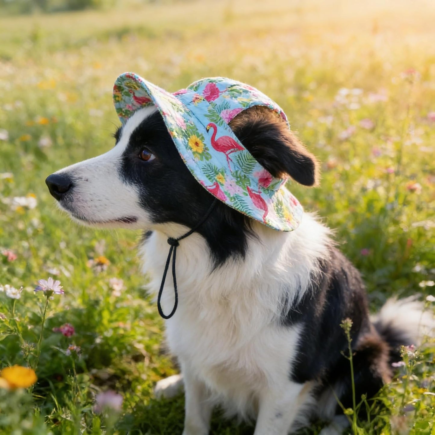 Small puppy modeling JpGdn Hawaiian flamingo hat