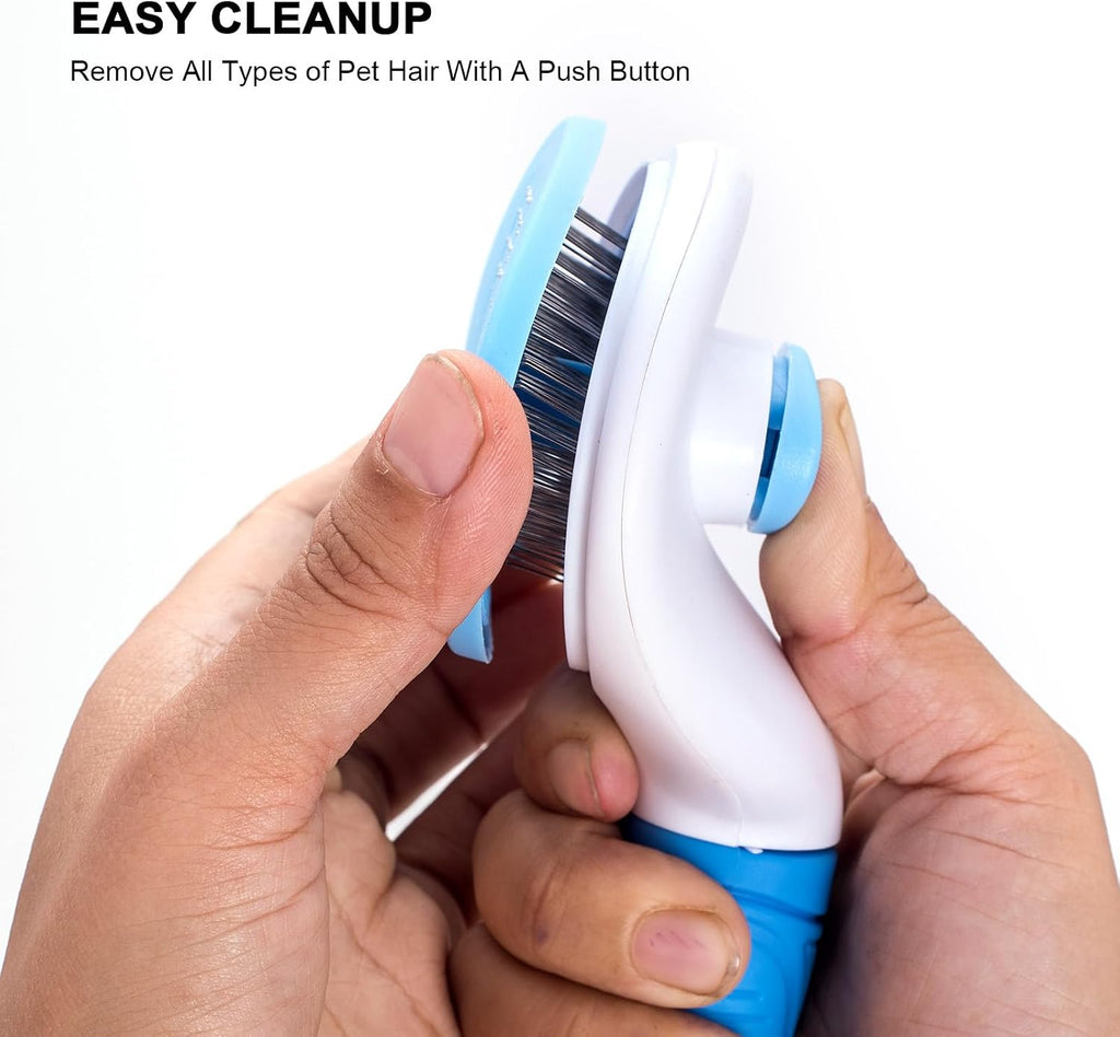 Aogeili blue slicker brush removing loose undercoat fur from a long hair pet