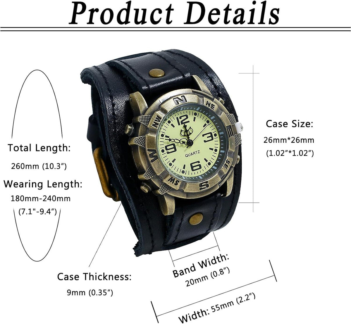 Avaner retro punk cuff watch back view displaying the durable stainless steel case material