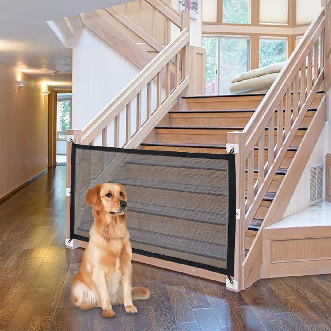 NWK Magic Dog Gate front view installed in a wooden doorway keeping a small puppy safe.