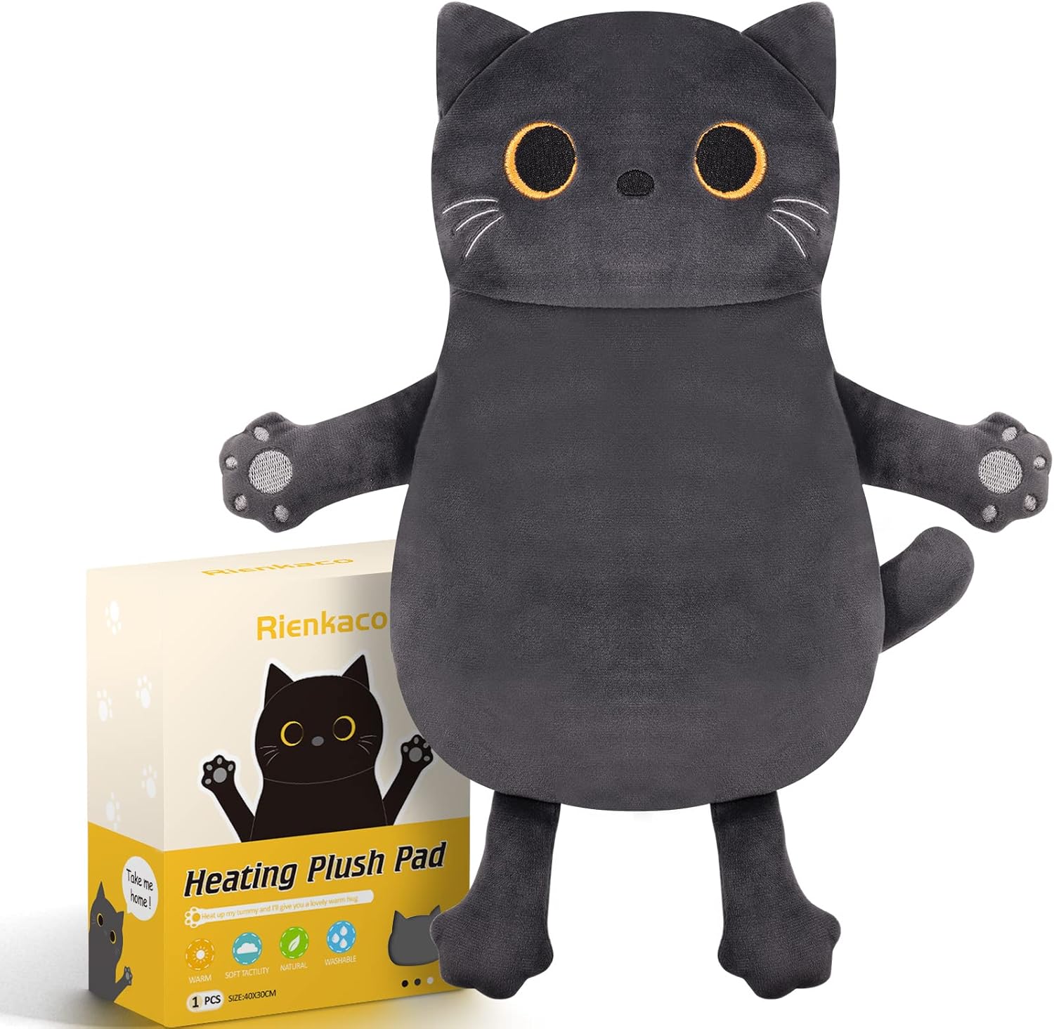 Rienkaco microwave heating pad front view showing grey cat plush design for menstrual cramp relief
