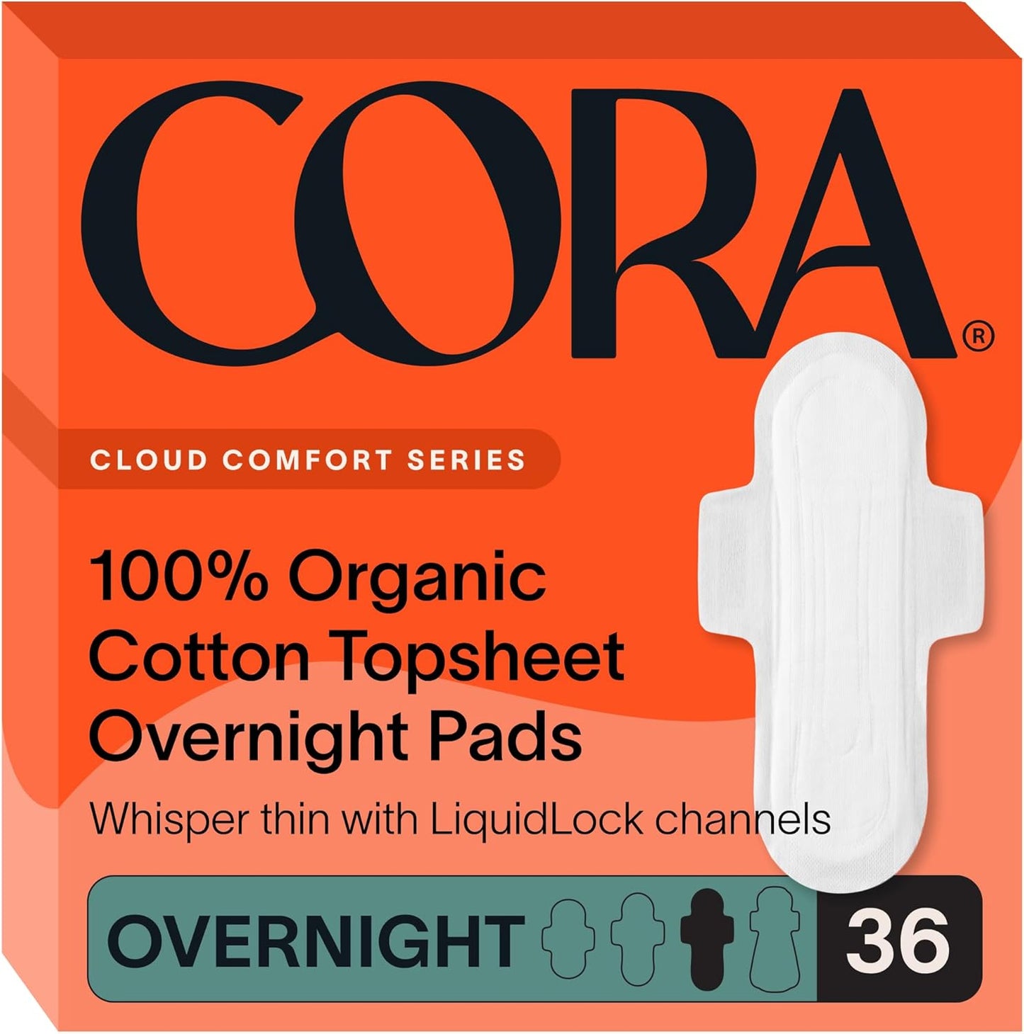 Cora 100 percent Organic Cotton Topsheet Overnight Pads front packaging view