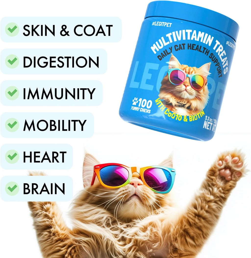 Legitpet cat multivitamin chewables packaging showing immune and digestive benefits.