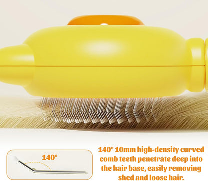 Demonstrating the one-click self-cleaning button on yellow comb