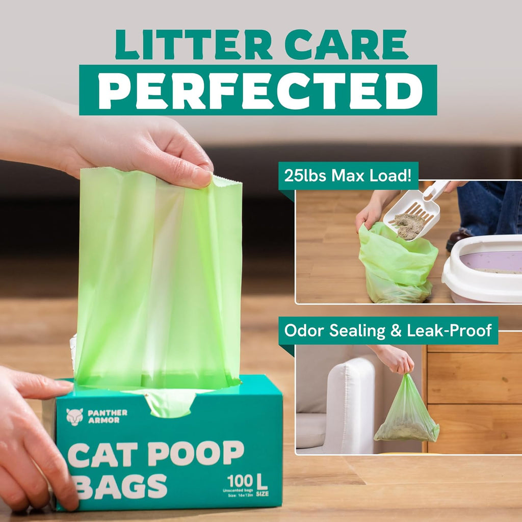 Panther Armor cat waste bags inside easy-tear dispenser box