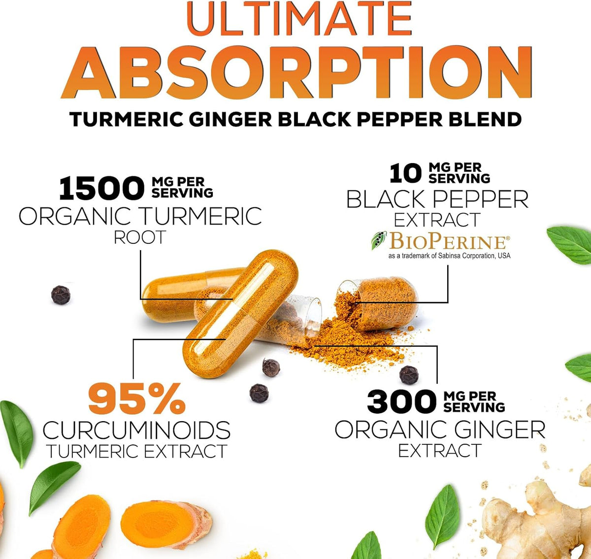 Turmeric Curcumin Supplement - 95% Curcuminoids with Organic Turmeric & Ginger, BioPerine Black Pepper Extract for Best Absorption, Natural Vegan Joint Support, Non-GMO, Bottled in USA - 240 Capsules - Image 6