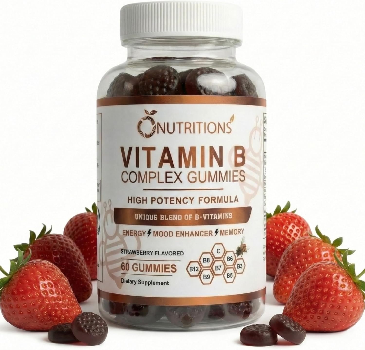 O NUTRITIONS Vitamin B Complex Vegan Gummies front view bottle for energy support