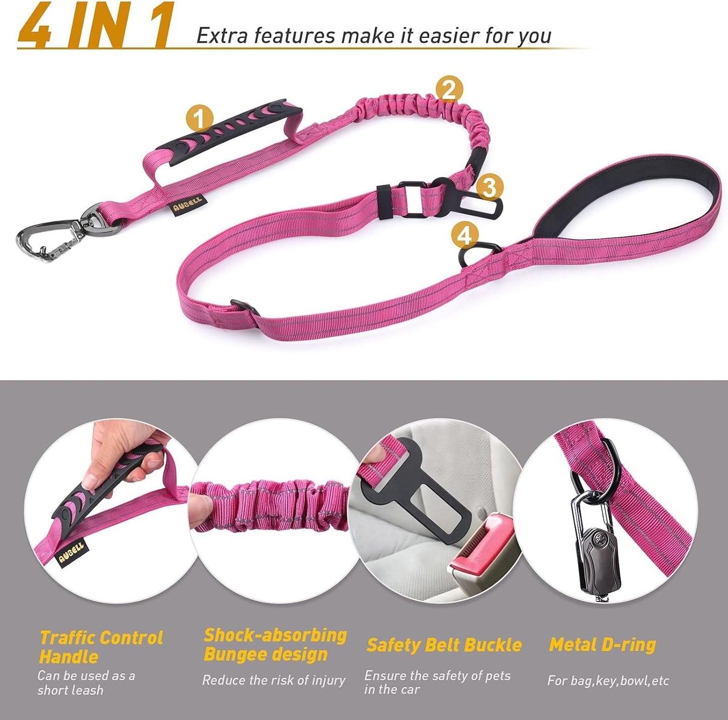 Aubell pink tactical dog leash shock absorbing bungee section