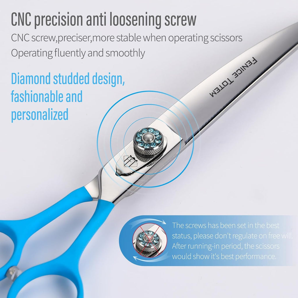 Fenice Totem curved grooming scissors displaying the ergonomic offset double-tail handle design.